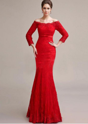 Off Shoulder Red Lace Tulle Corset Back Formal Evening Dress